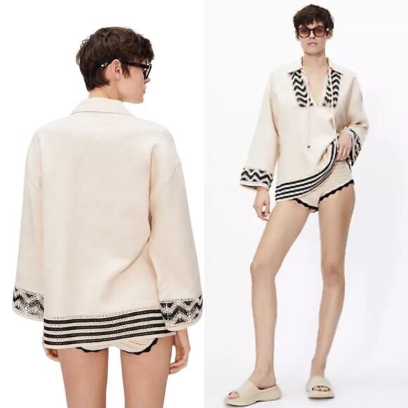 ZARA Crochet Linen Blend Tunic Top Beach Coastal V-Neck Cream Black Relaxed - Picture 2 of 16